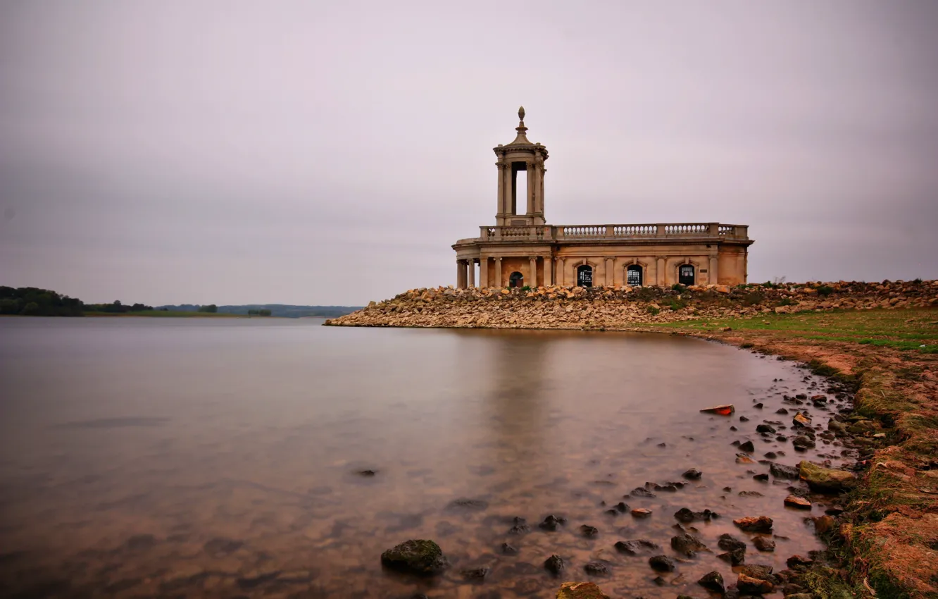 Photo wallpaper lake, stones, building, Church, Rutland Water, Normanton Church