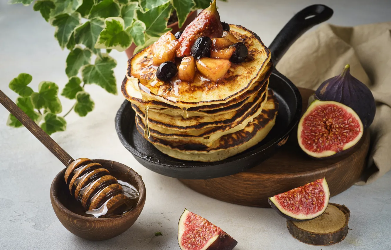 Photo wallpaper table, honey, stack, fruit, pancakes, cakes, stand, ivy