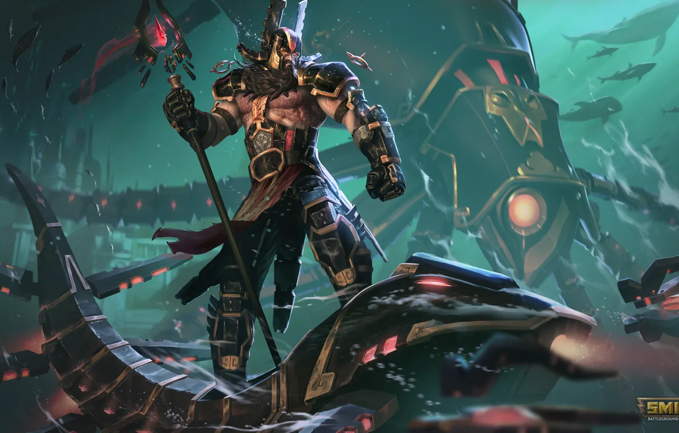 Photo wallpaper fish, robot, Poseidon, Smite, in the ocean, beetle beetle