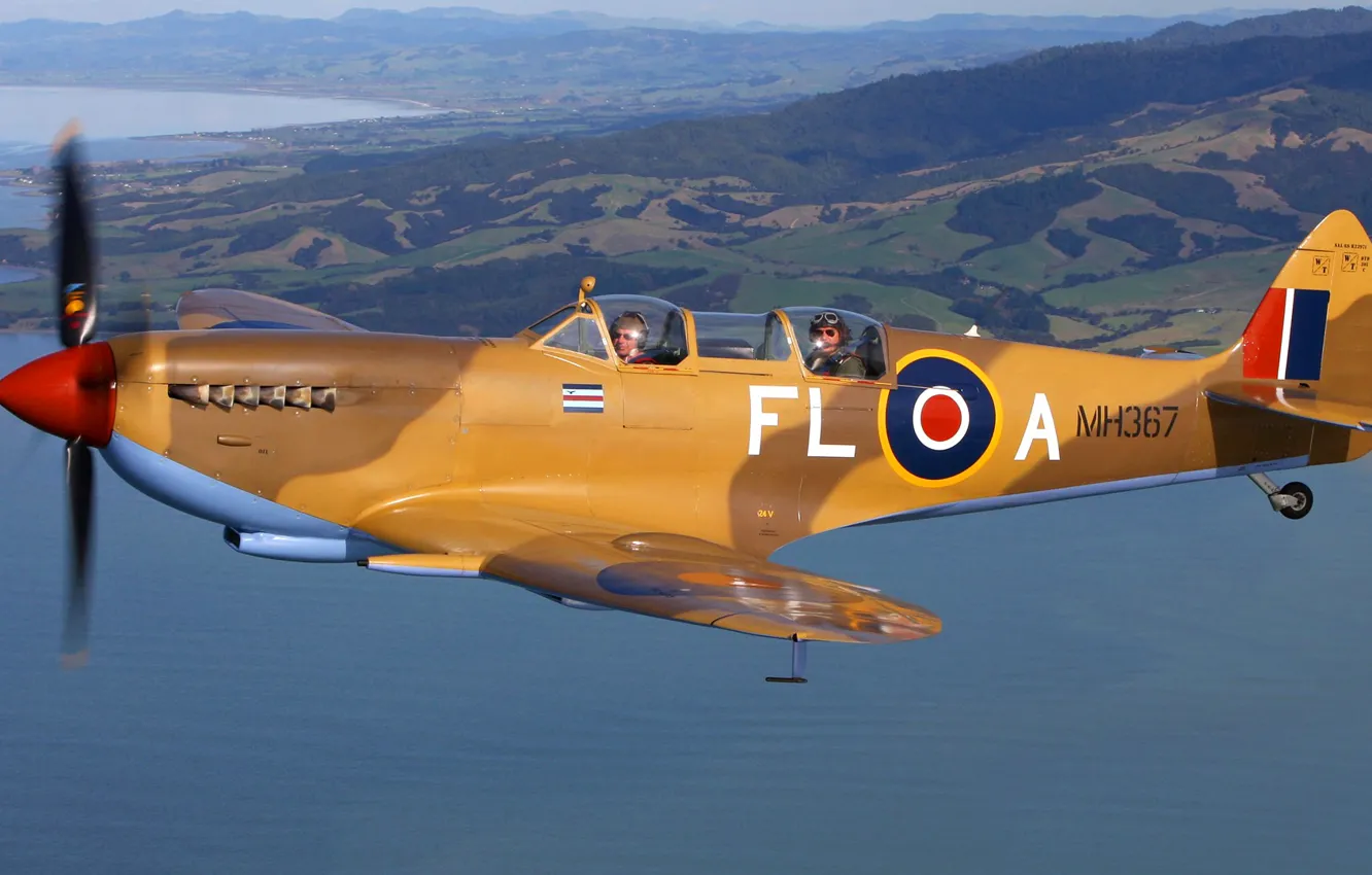Photo wallpaper sea, flight, retro, the plane, landscape, fighter, pilots, Supermarine Spitfire