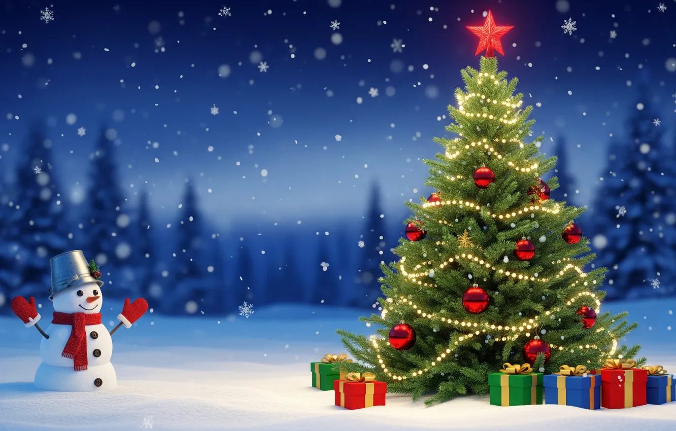 Photo wallpaper winter, snow, new year, snowman, gifts, Christmas tree