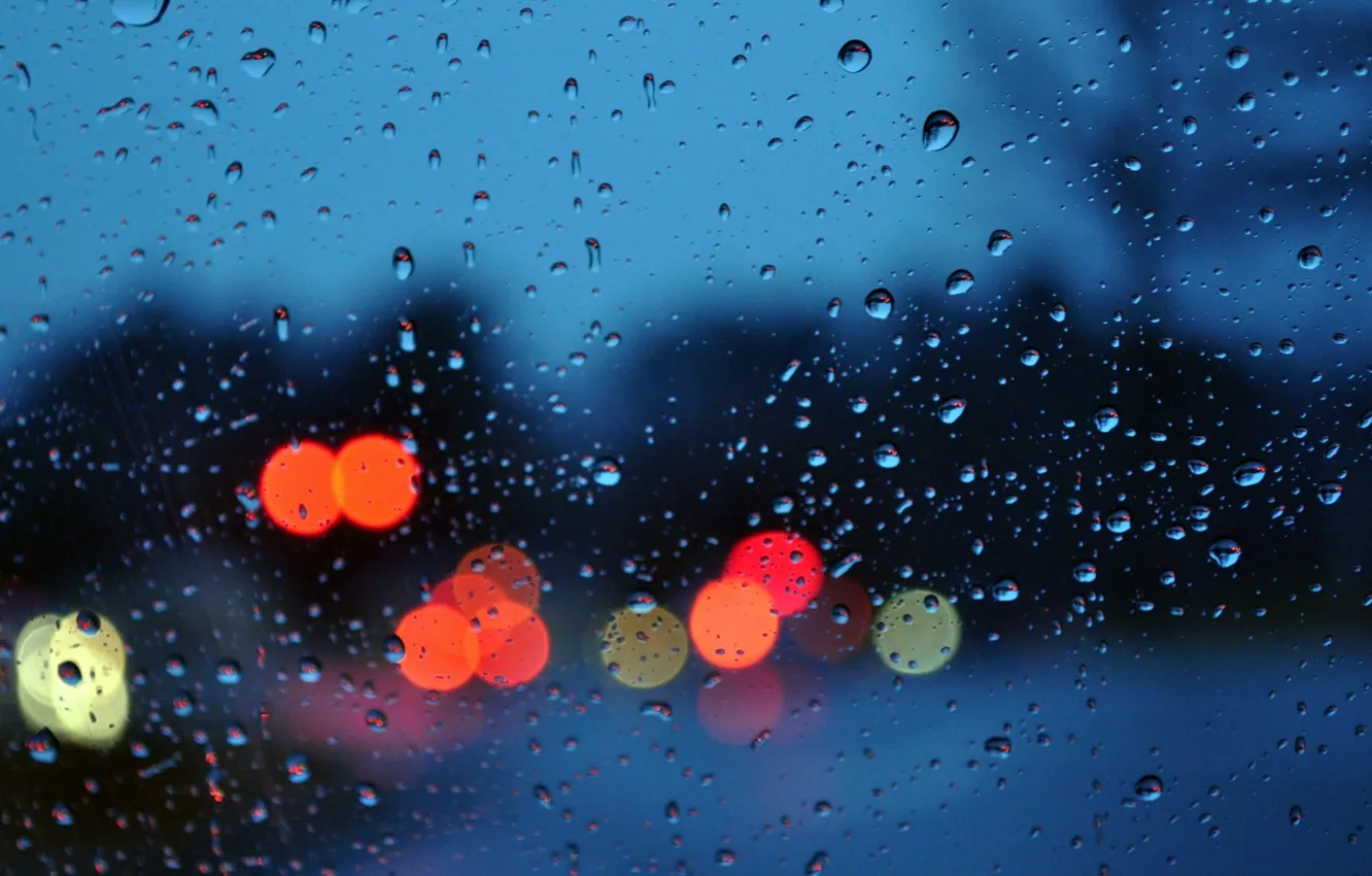 Photo wallpaper glass, drops, light, the city, lights, rain, mood, the evening