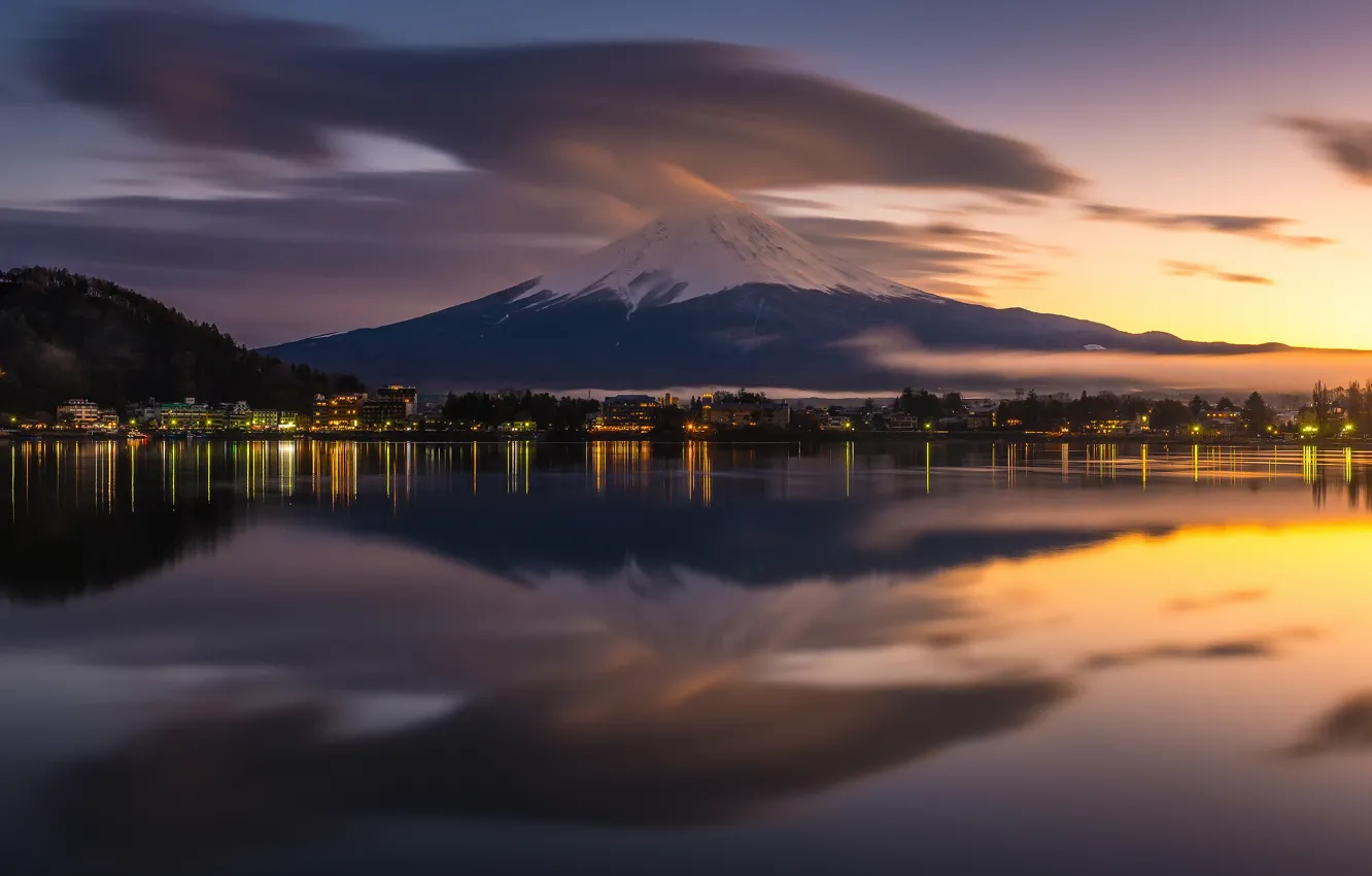 Photo wallpaper reflection, the city, lights, mountain, the evening, Japan, Fuji, stratovolcano