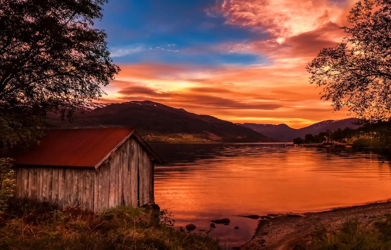 Photo wallpaper sunset, lake, home