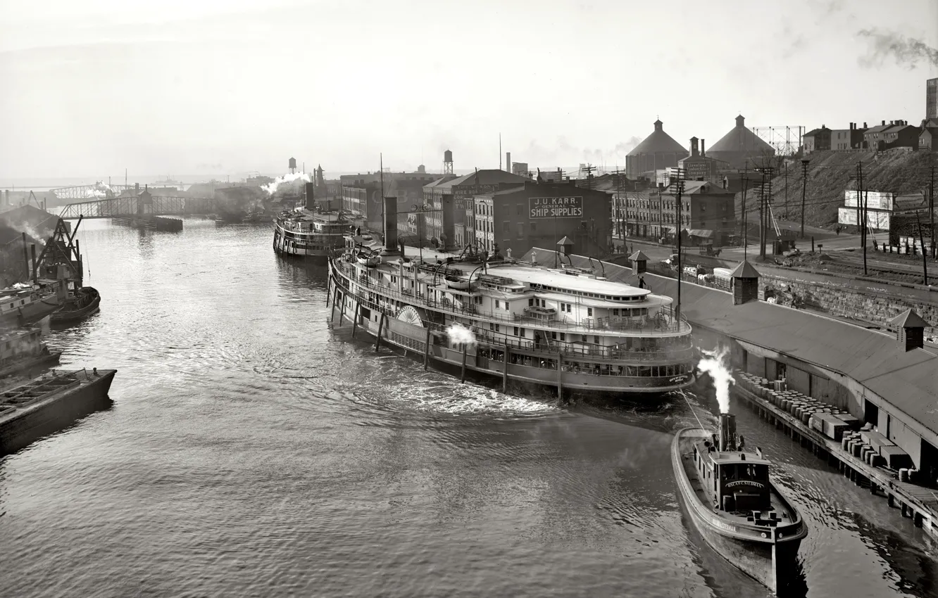Photo wallpaper bridge, the city, retro, river, ship, steamer, USA, 1904-the year
