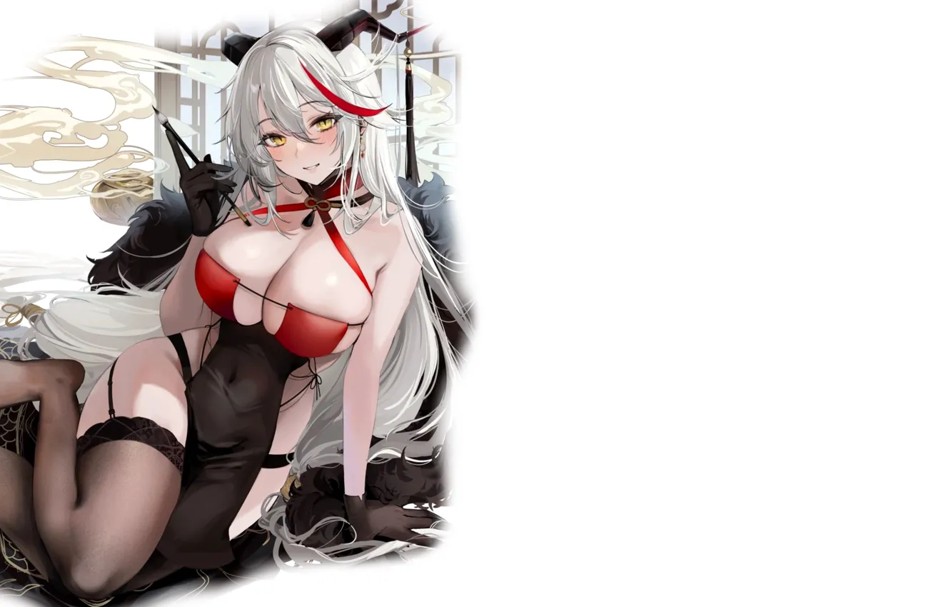 Photo wallpaper girl, hot, sexy, horns, boobs, sexy girl, anime, stockings