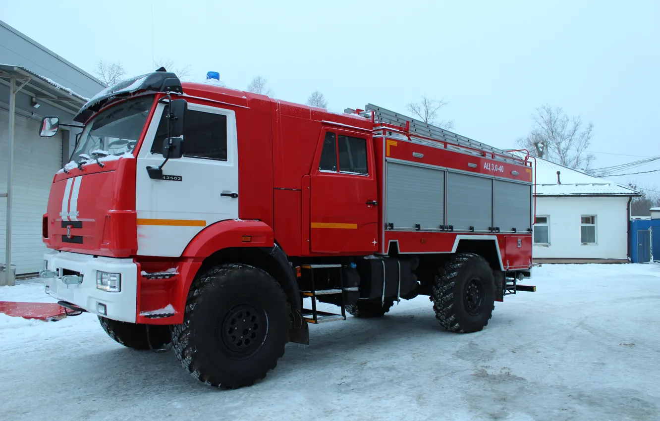 Photo wallpaper winter, the sky, snow, cabin, wheel, fire truck, big car, KAMAZ-43502
