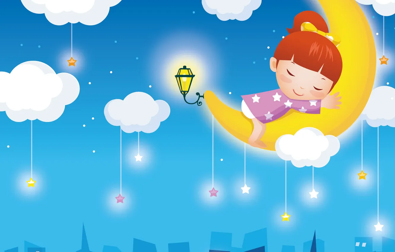Photo wallpaper stars, clouds, children, the city, fantasy, sleep, a month, flashlight