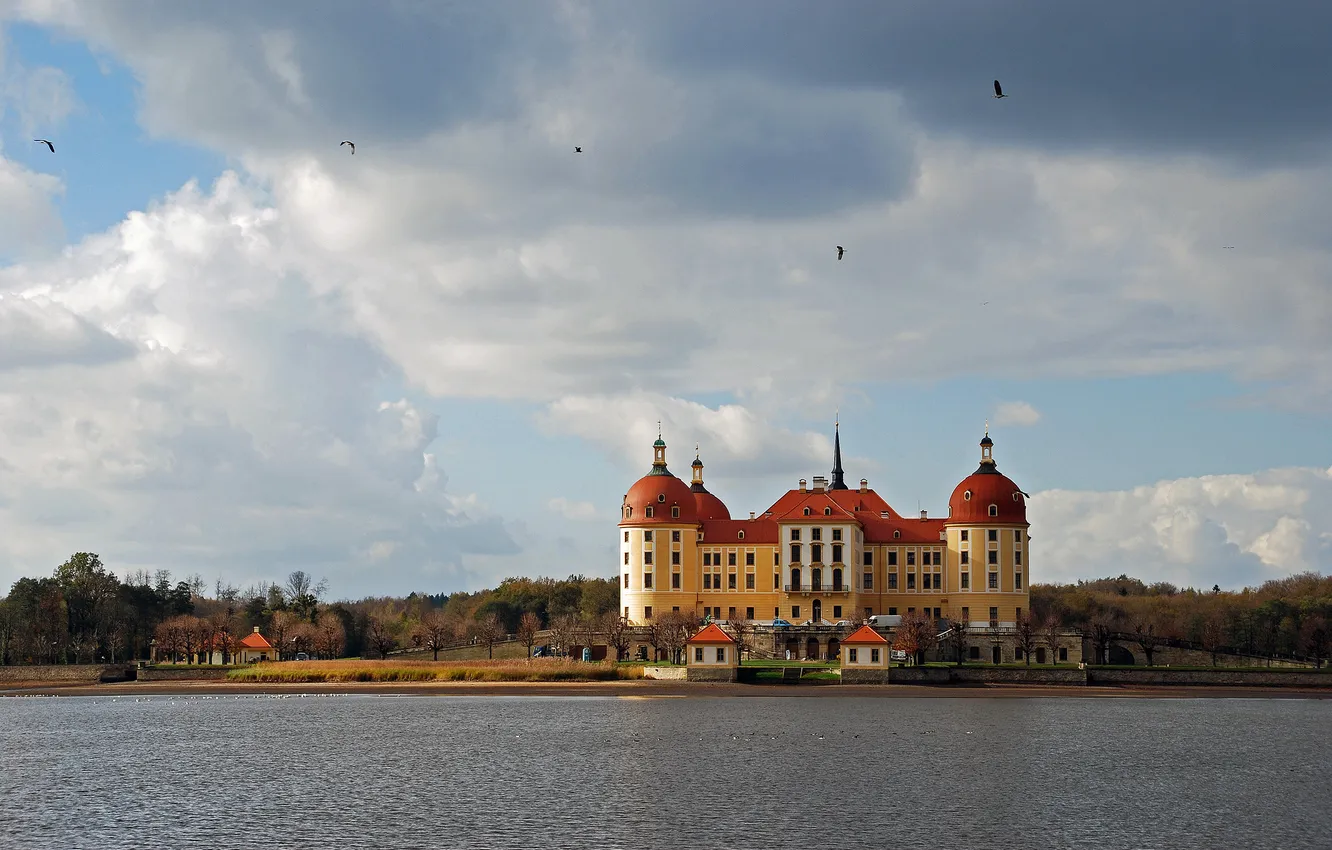 Photo wallpaper autumn, the sky, trees, clouds, lake, castle, bird, Germany