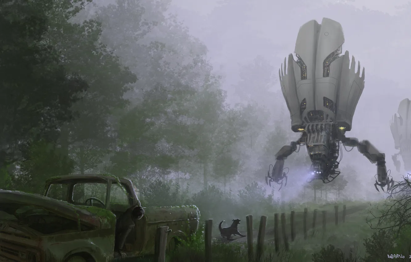 Photo wallpaper machine, forest, night, people, robot, dog, alien