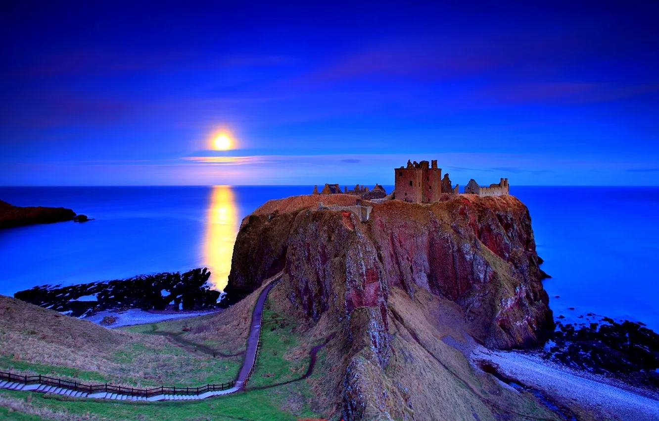 Photo wallpaper sea, the sky, sunset, castle, rocks, road.