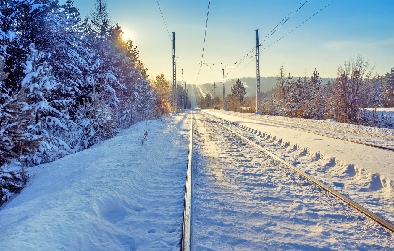 Photo wallpaper winter, landscape, perspective, railroad
