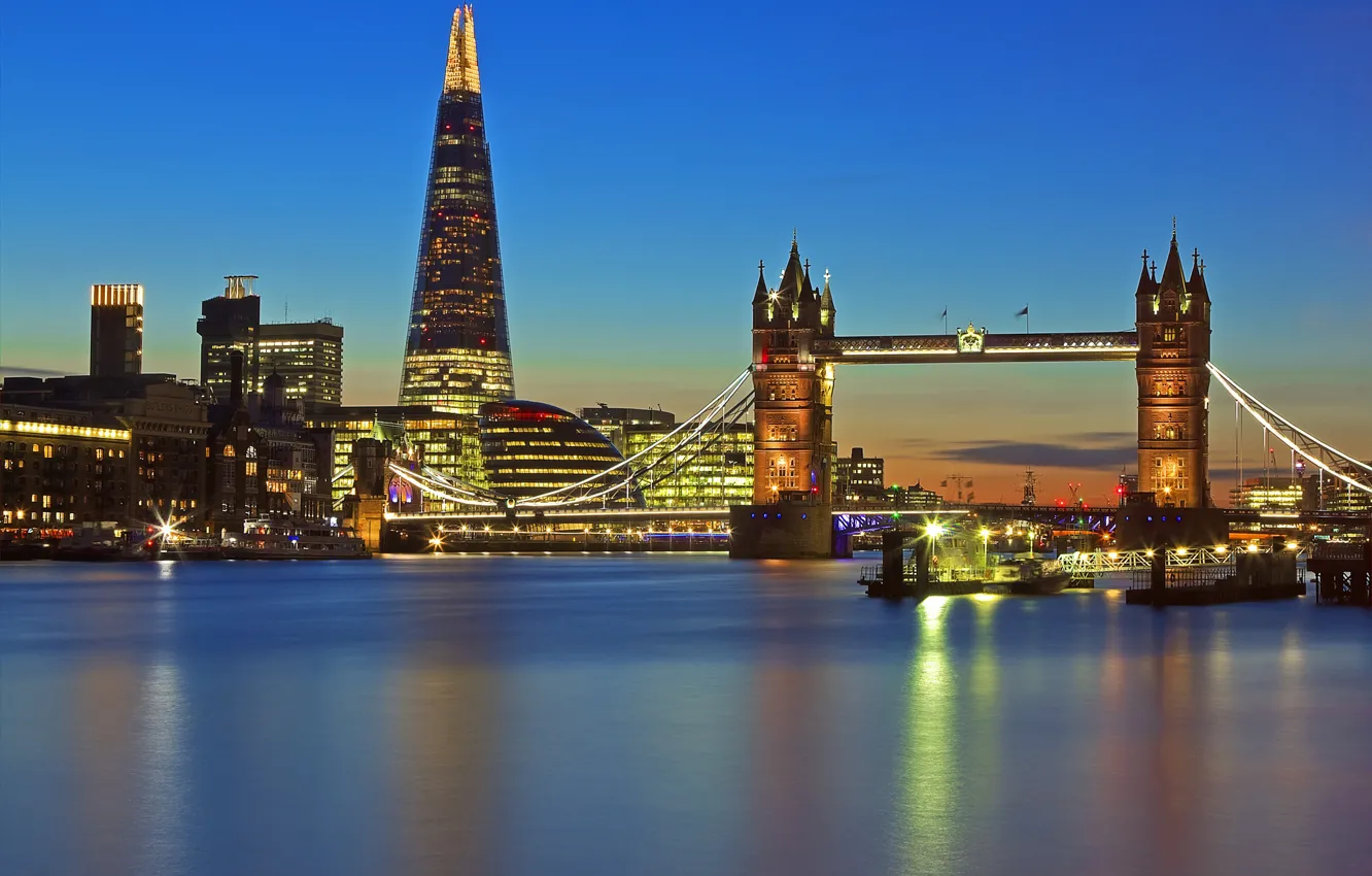Photo wallpaper night, lights, England, London, Tower bridge, tower shard