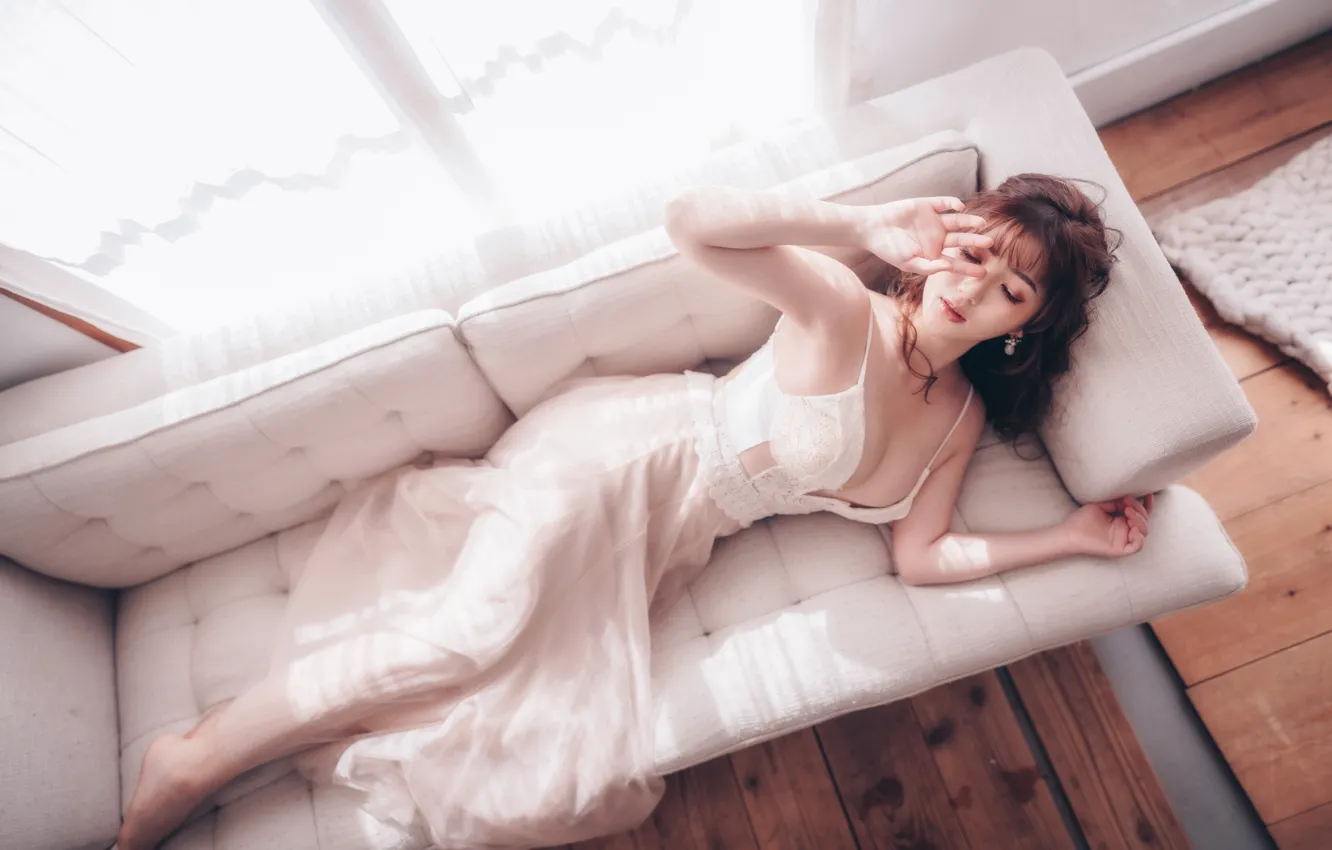 Photo wallpaper girl, pose, sofa, hands, negligee, Asian, closed eyes