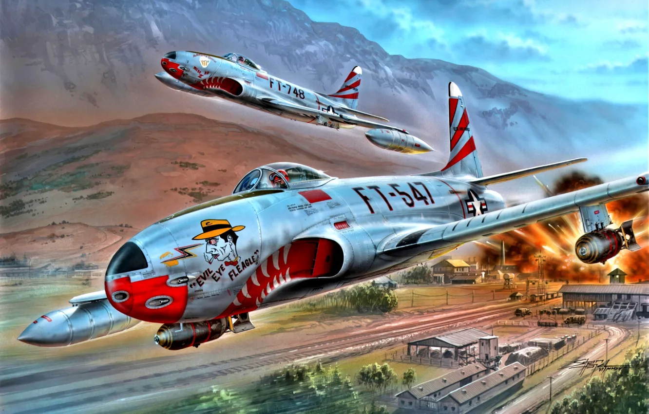 Photo wallpaper USAF, jet fighter, The Korean war 1950-1953, Shooting Star, bombs, F-80C