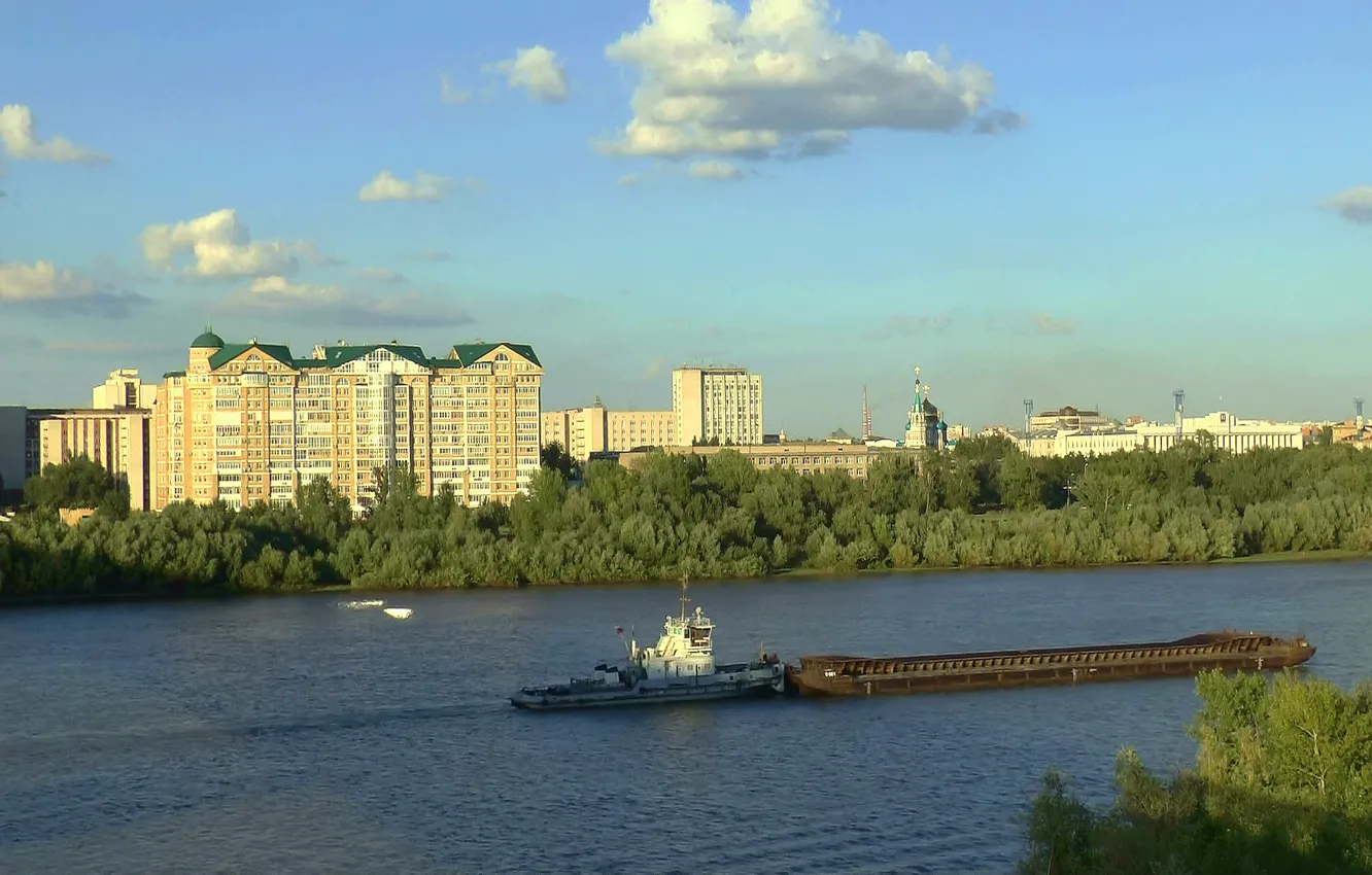 Photo wallpaper summer, clouds, river, island, The city, steamer, OMSK