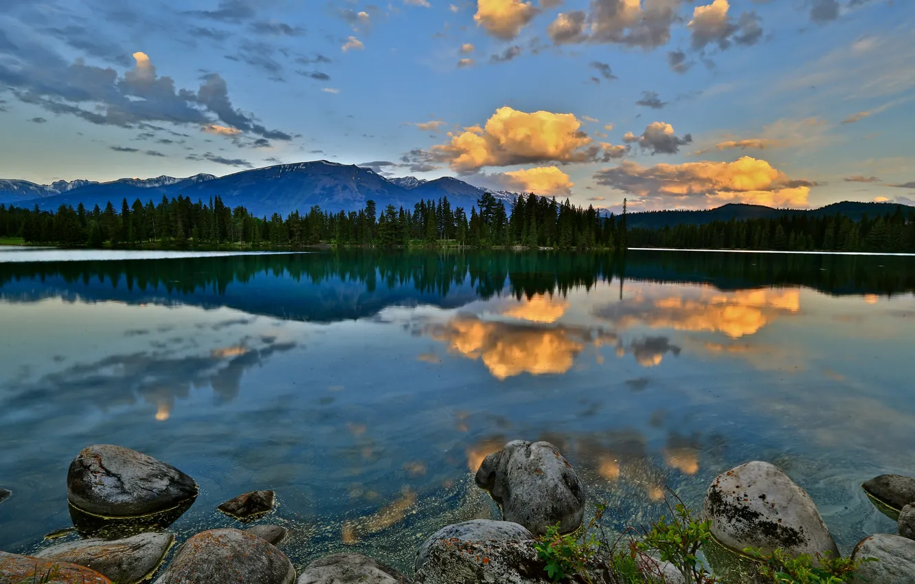 Photo wallpaper forest, mountains, lake, stones, dawn