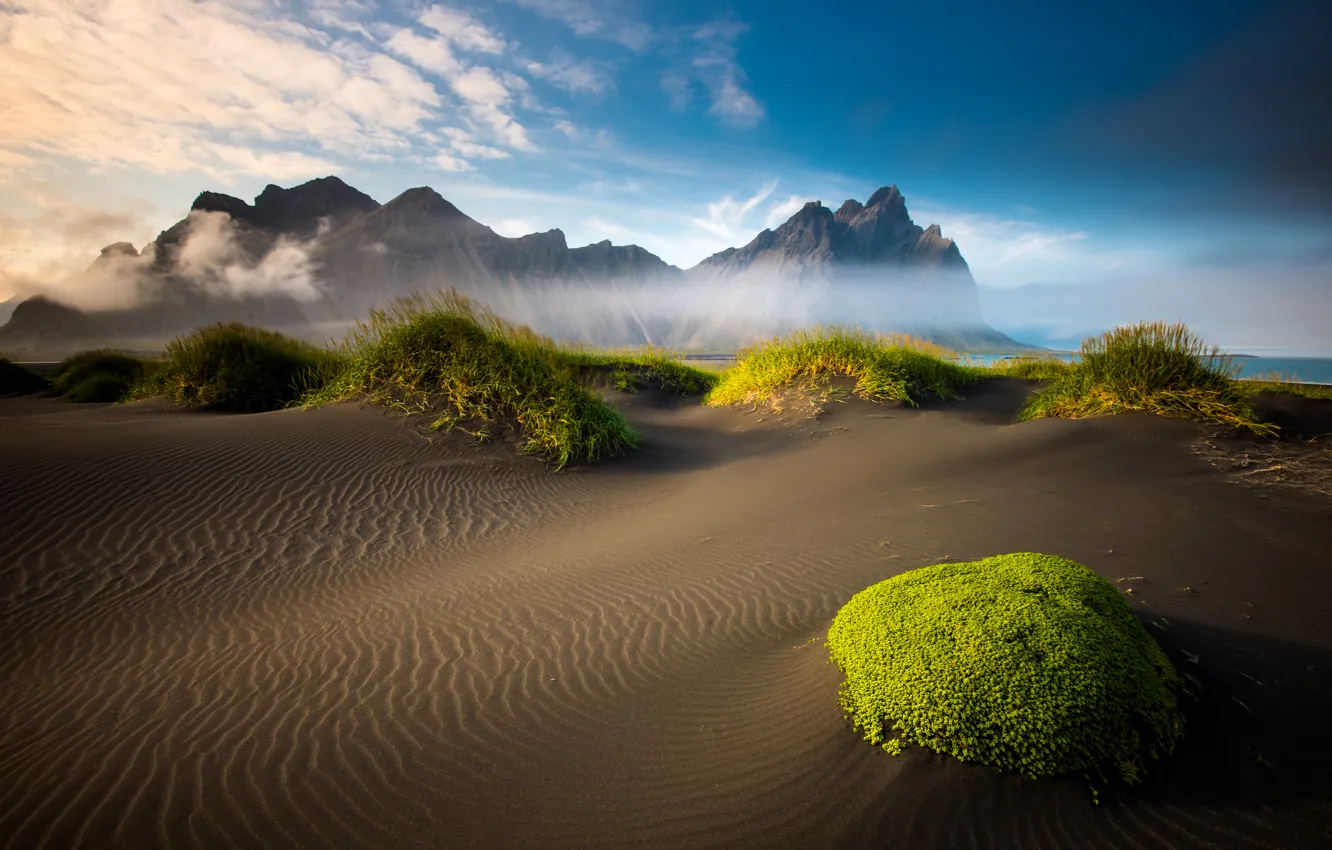 Photo wallpaper sand, sea, beach, clouds, mountains, moss, Iceland