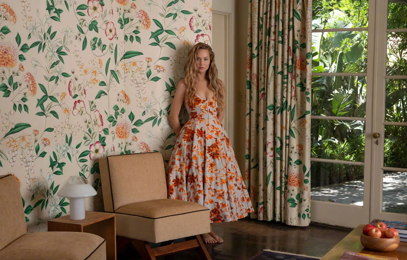 Photo wallpaper girl, dress, barefoot, interior, actress, Jennifer Lawrence