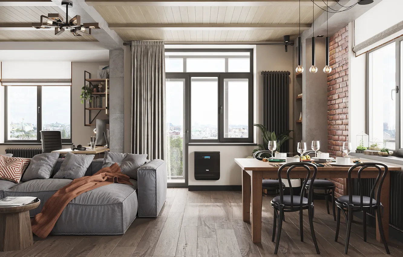 Photo wallpaper design, style, interior, sofa, living room, dining room, Desk, soft loft