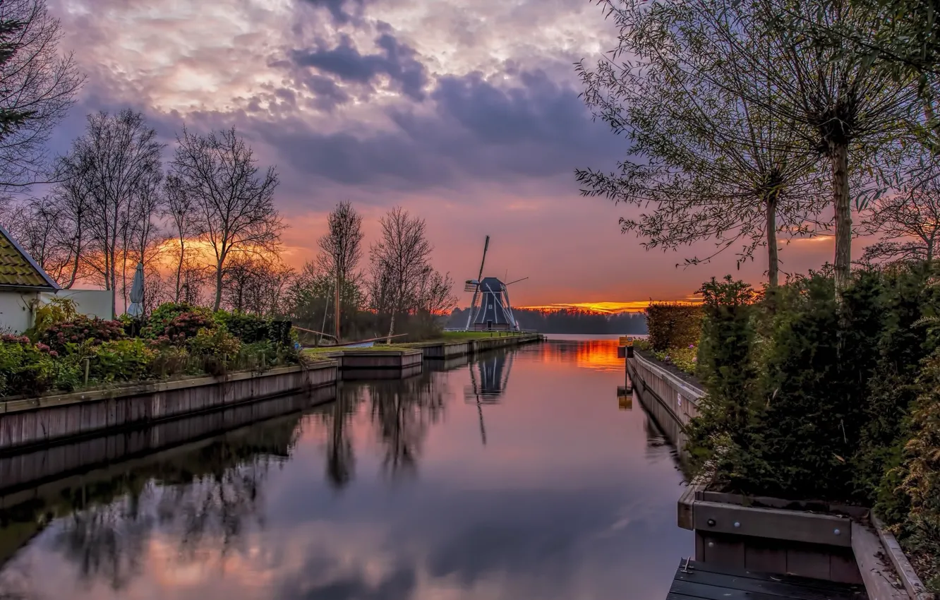 Photo wallpaper sunset, river, mill