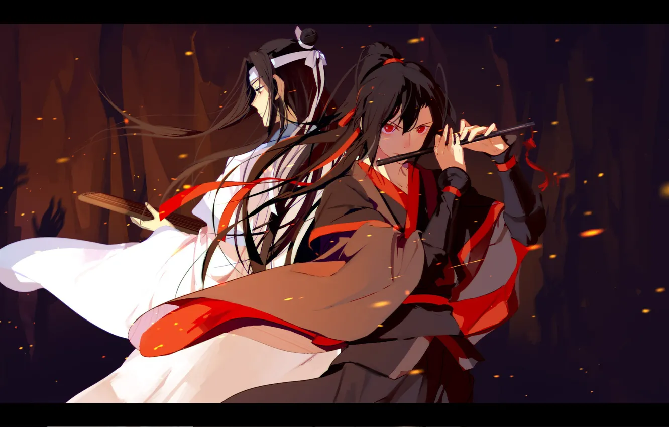 Photo wallpaper sparks, flute, long hair, red ribbon, two guys, night forest, Chinese clothing, Mo Dao Zu …