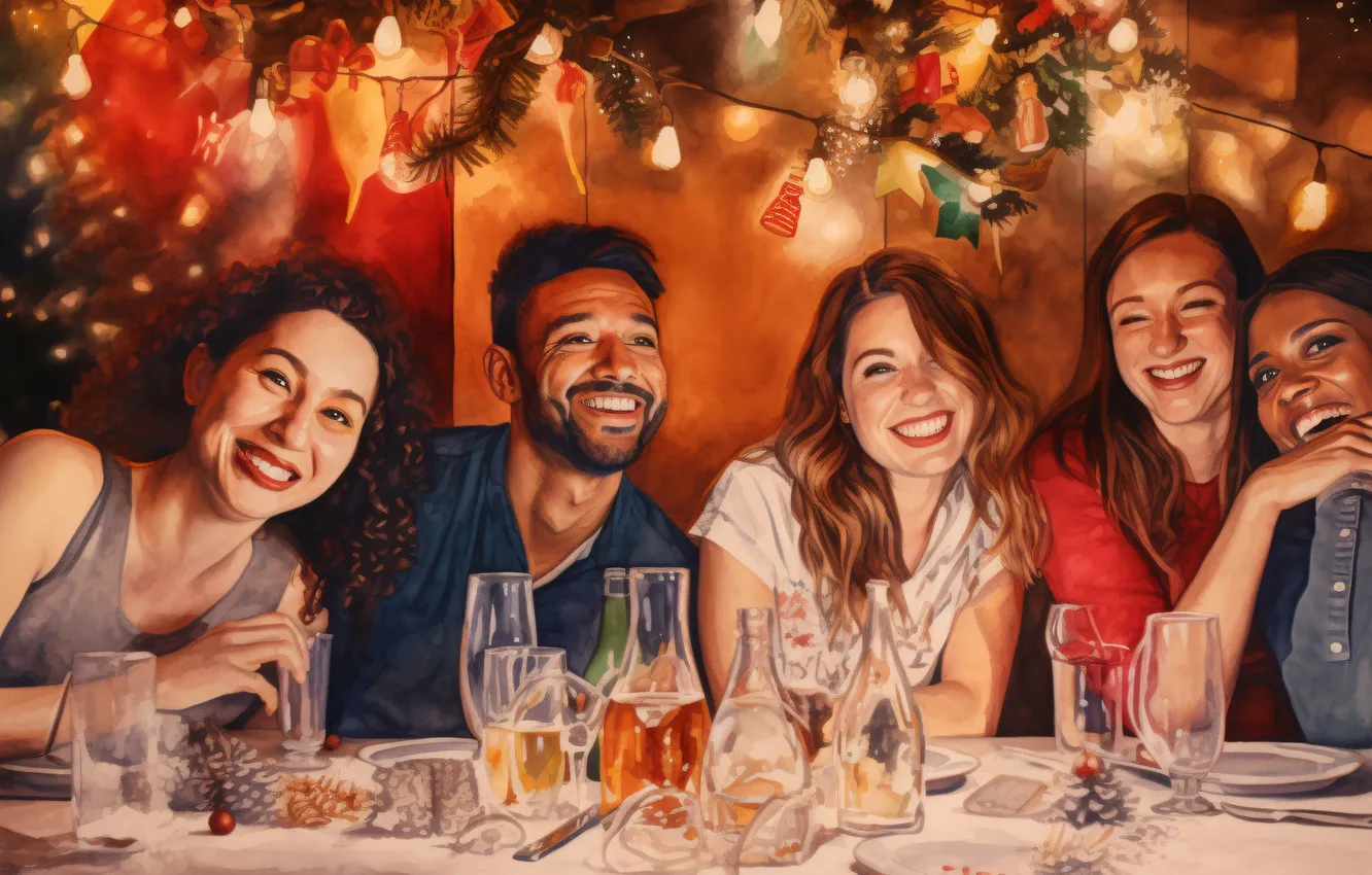 Photo wallpaper girl, joy, smile, table, new year, Christmas, guy, digital art