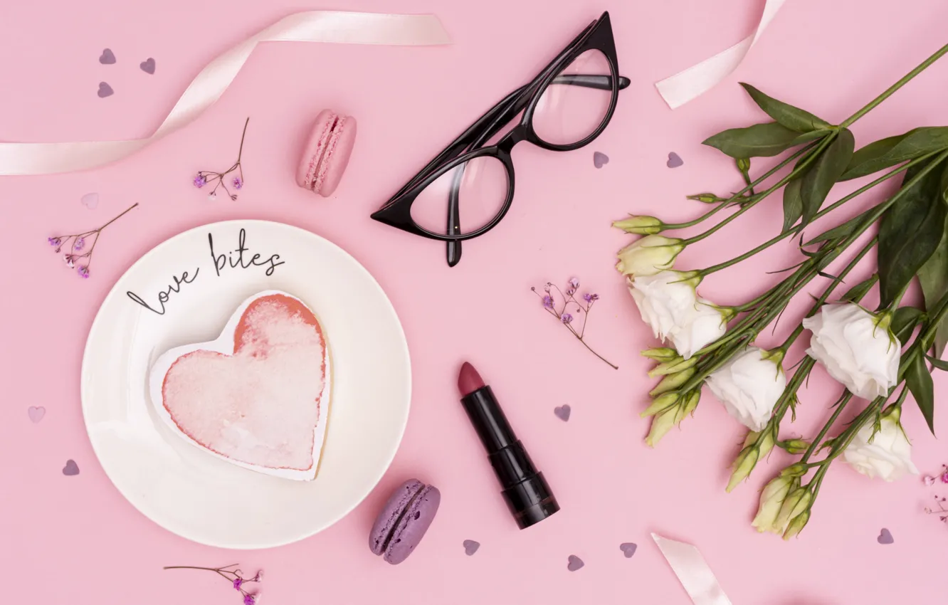 Photo wallpaper background, pink, bouquet, glasses, cake, eustoma, Romantic, Julia Sudnitskaya