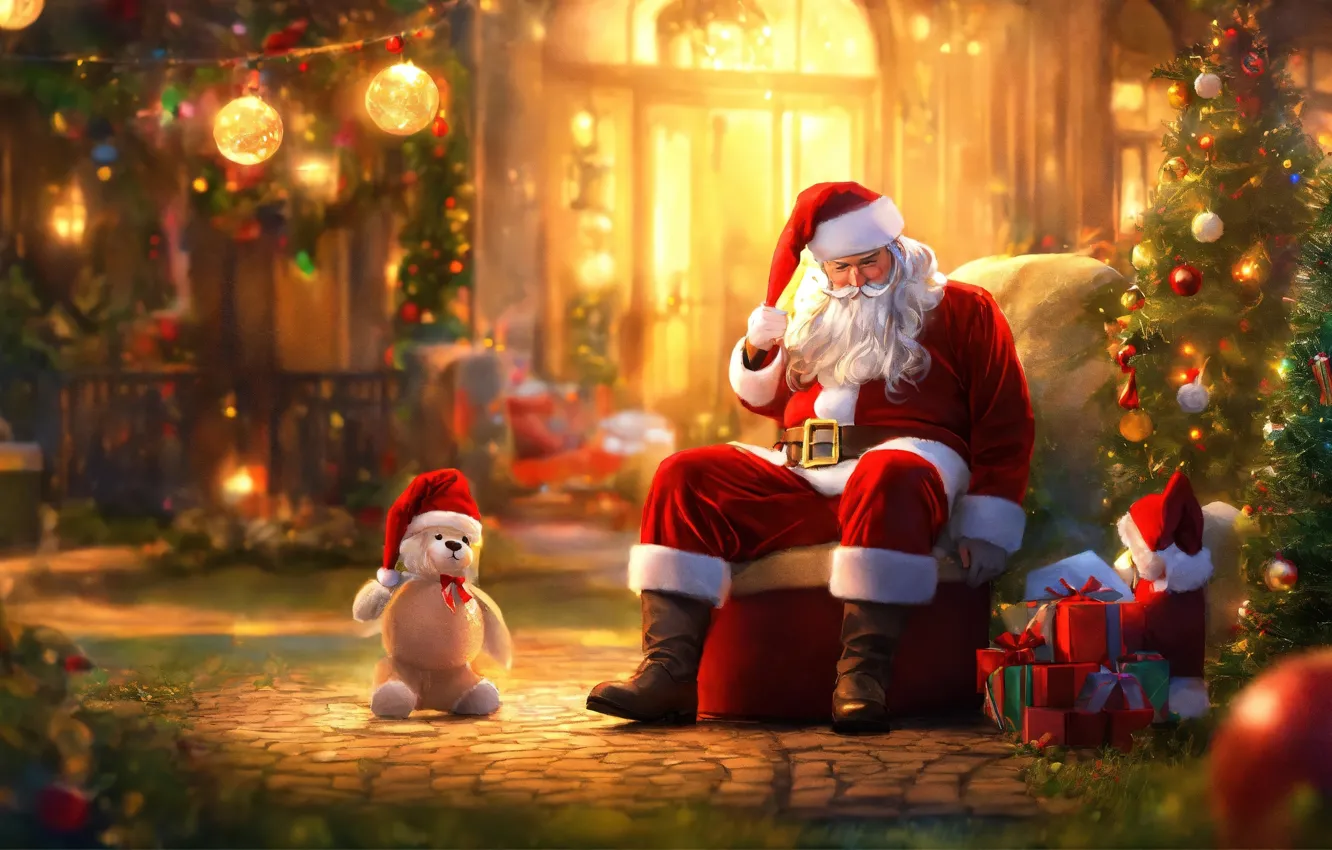 Photo wallpaper holiday, gift, tree, new year, art, Christmas, bear, Santa Claus