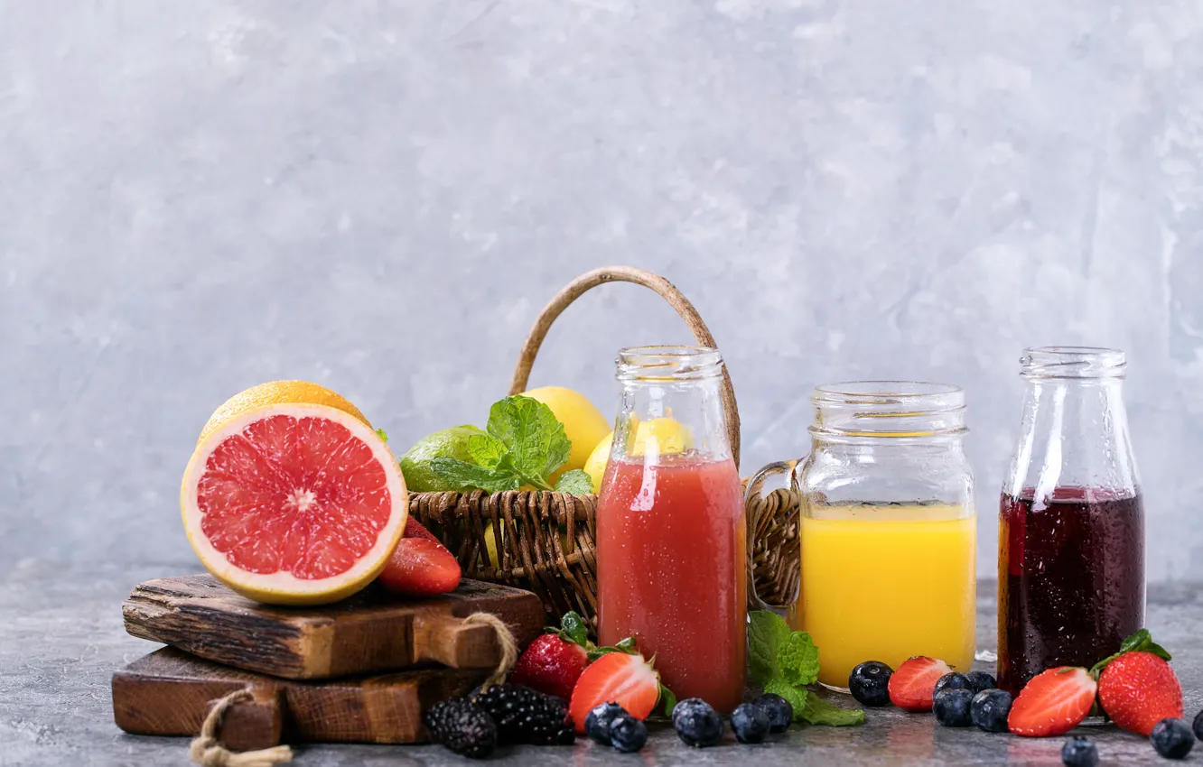 Photo wallpaper juice, citrus, fresh, orange, blueberry