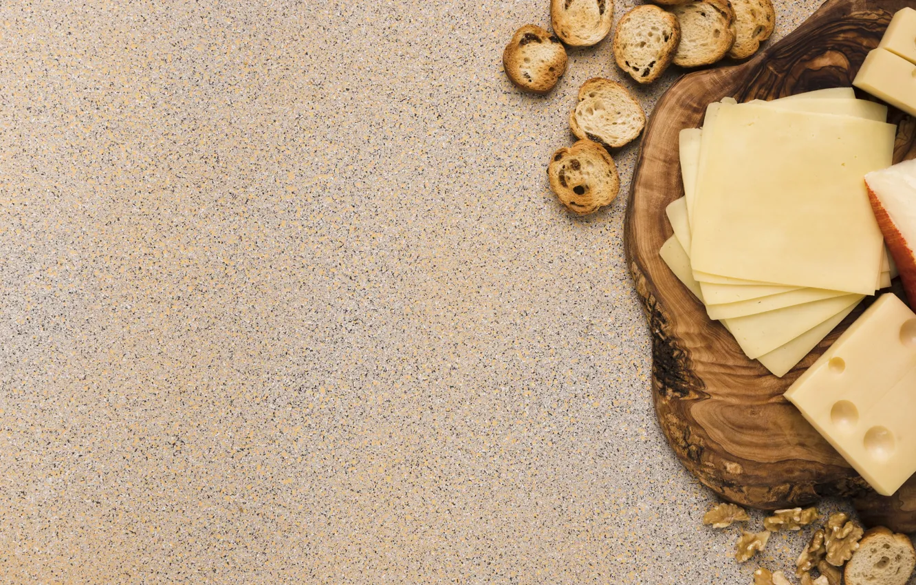 Photo wallpaper food, cheese, nuts, holes, slices, wood, cutting, piece