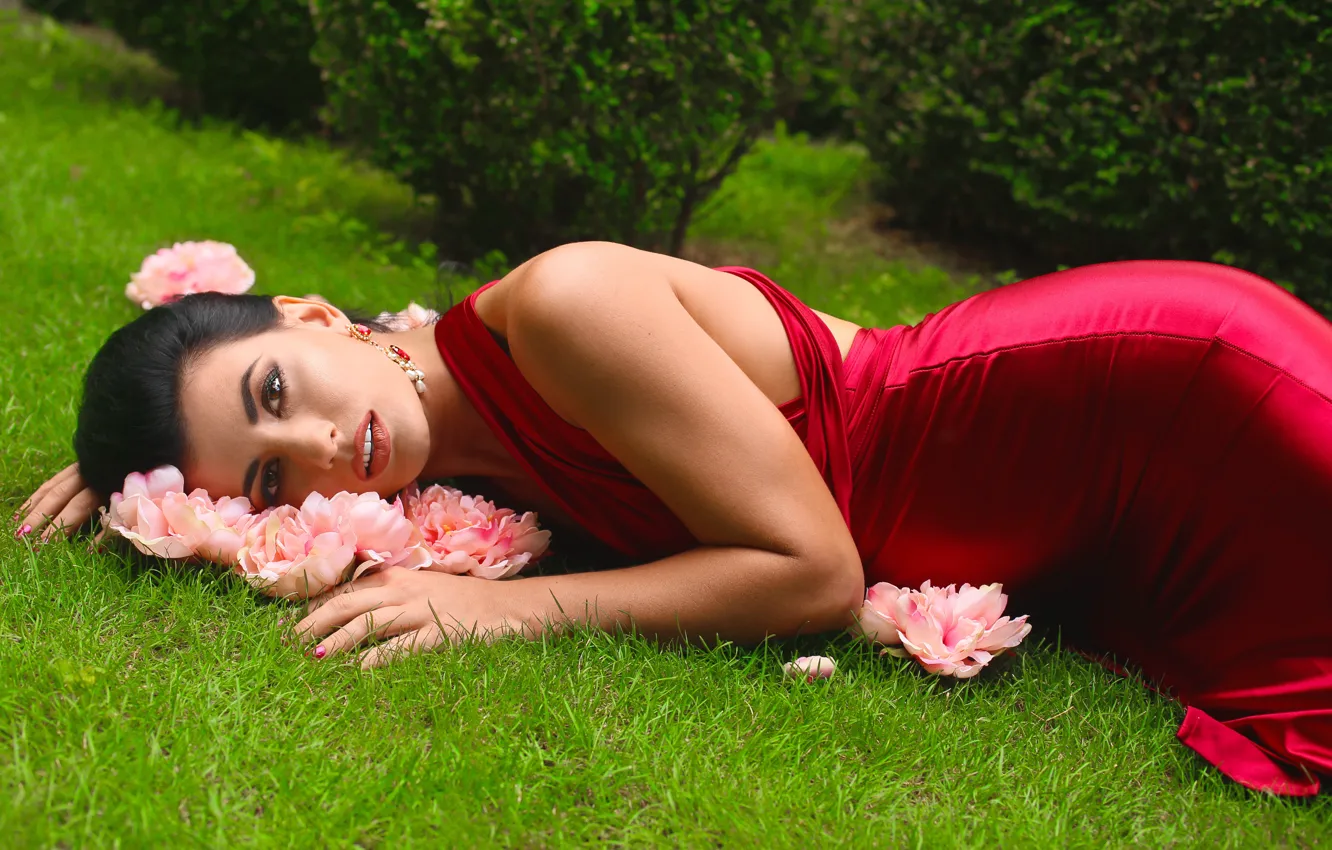Photo wallpaper grass, dress, brunette, lies
