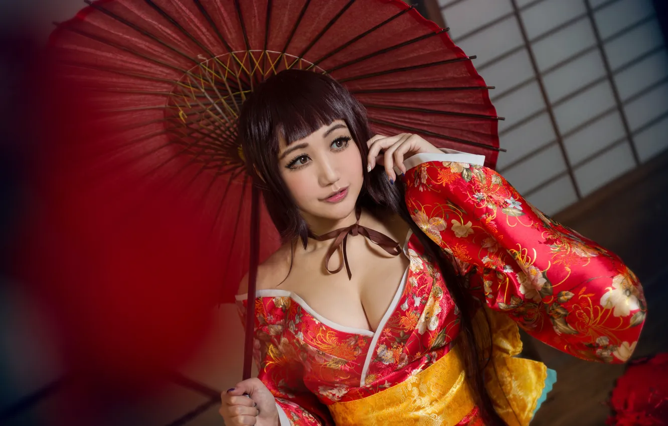 Photo wallpaper chest, look, girl, yellow, red, face, pose, eyelashes