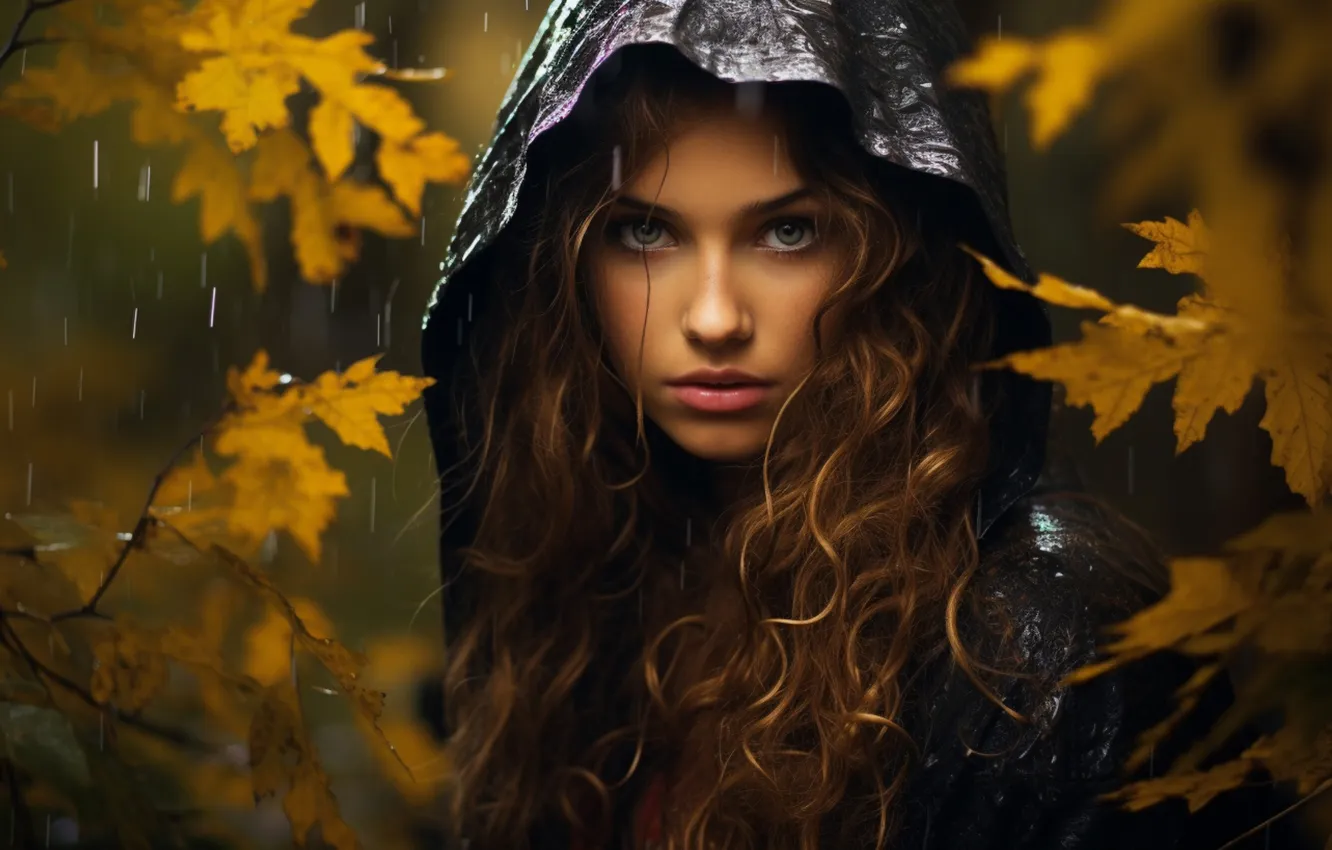 Photo wallpaper autumn, look, leaves, girl, drops, branches, nature, face
