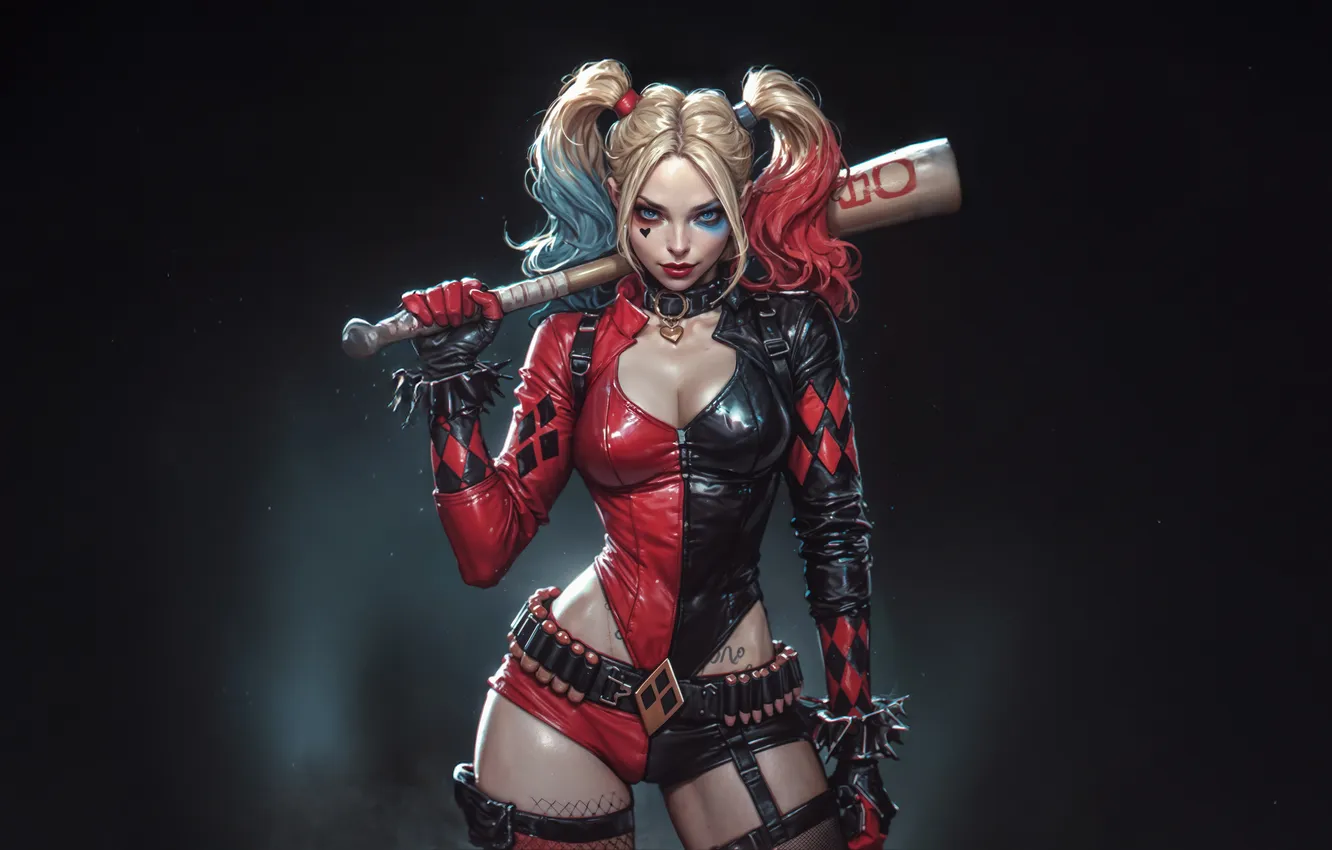 Photo wallpaper black background, DC Comics, Harley Quinn, AI Art, AI Generated