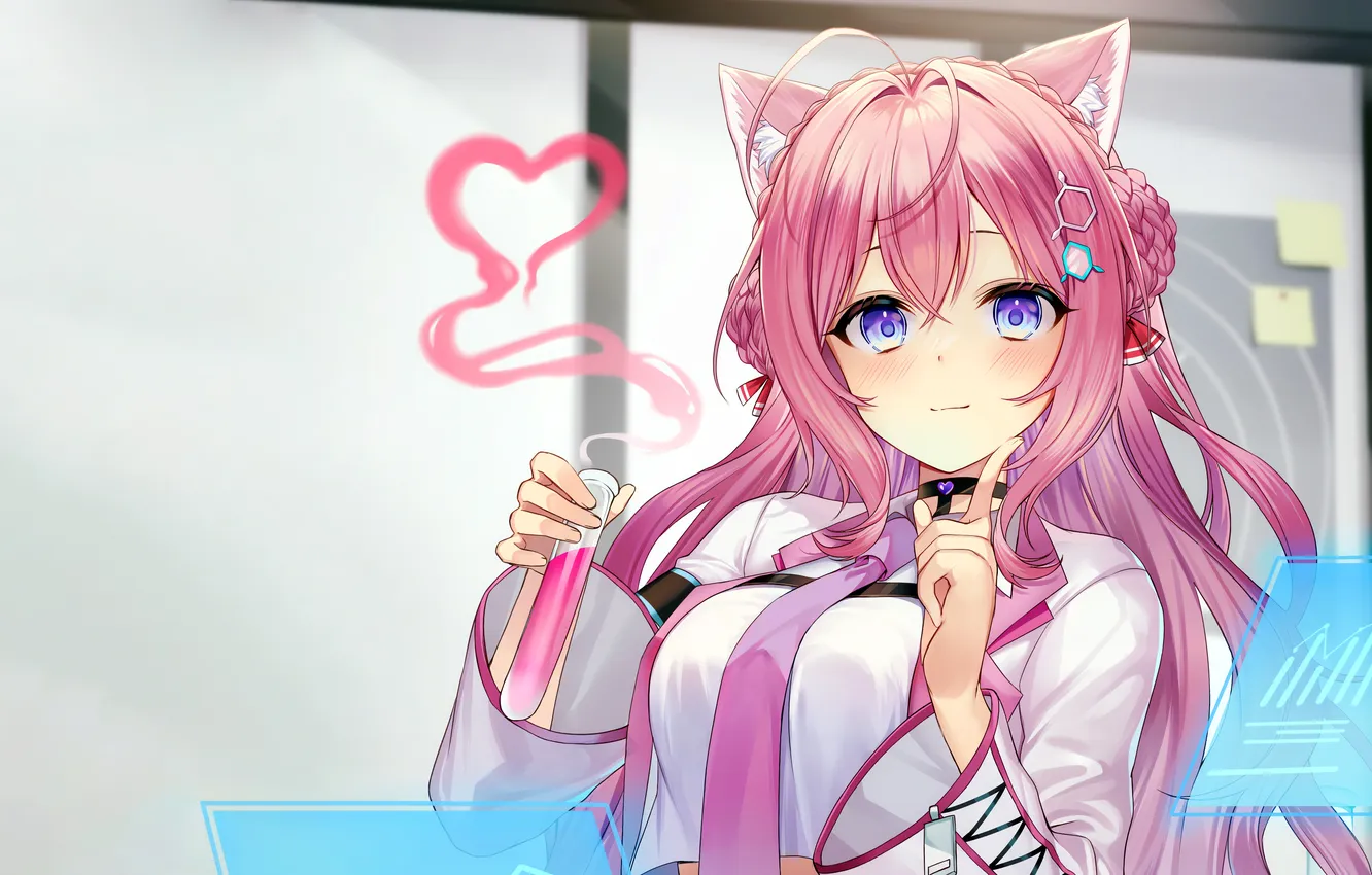 Photo wallpaper girl, pink hair, long hair, animal ears, anime, beautiful, purple eyes, pretty