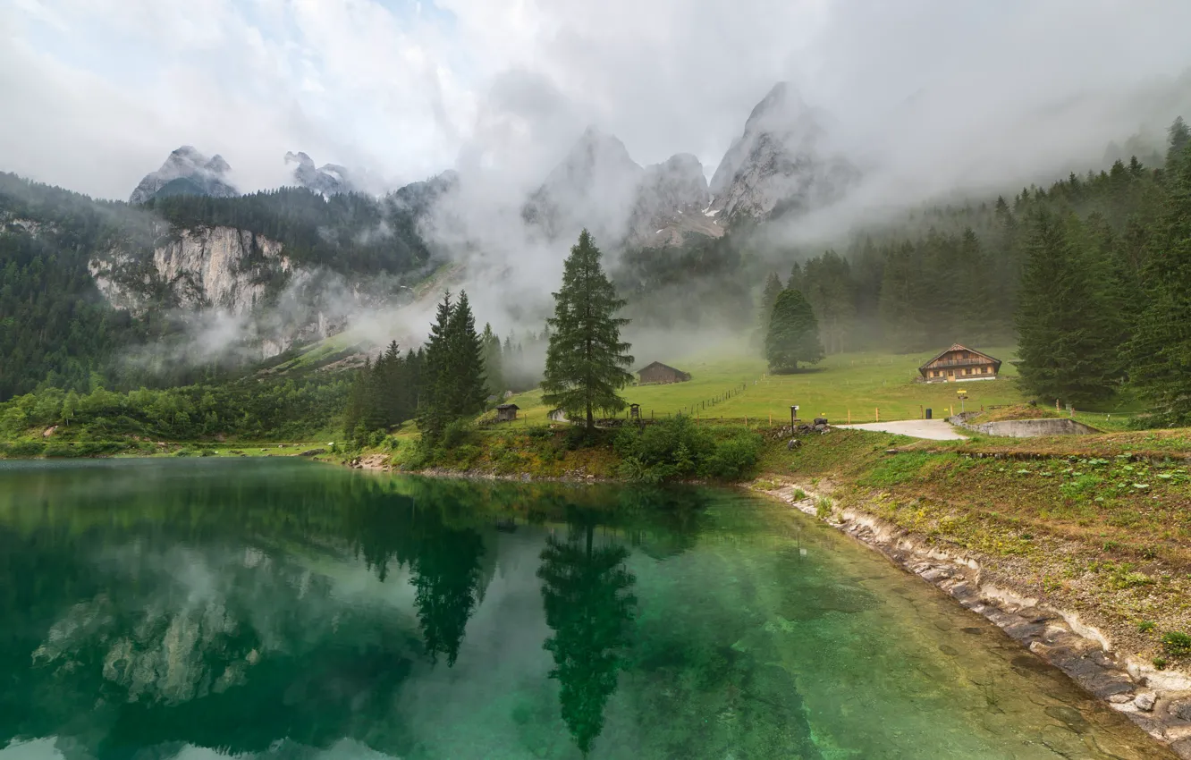 Photo wallpaper forest, clouds, landscape, mountains, nature, fog, lake, Austria