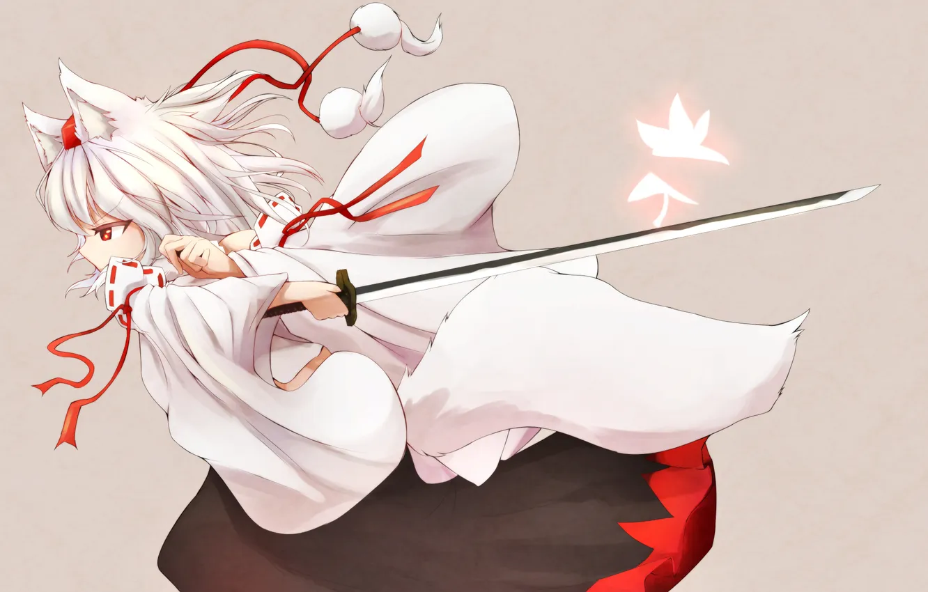 Photo wallpaper girl, weapons, anger, gesture, ears, touhou, art, inubashiri momiji
