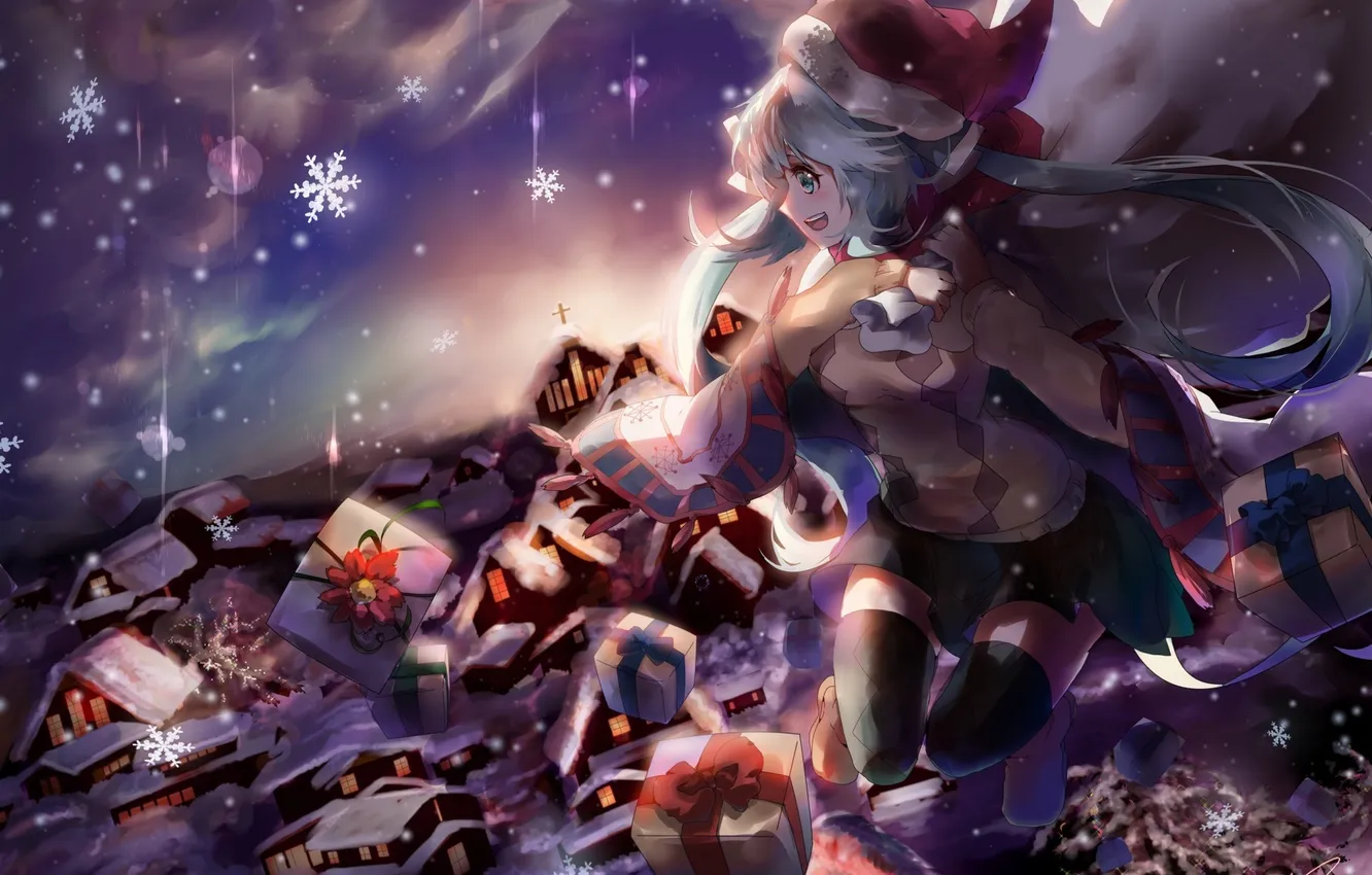 Photo wallpaper winter, girl, snow, holiday, gift, anime, art, vocaloid