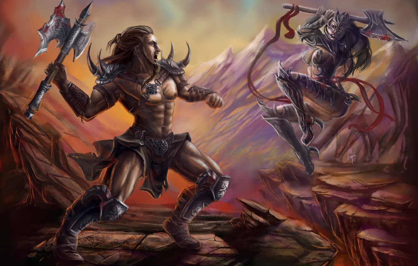 Photo wallpaper girl, jump, blood, armor, male, axe, Warrior