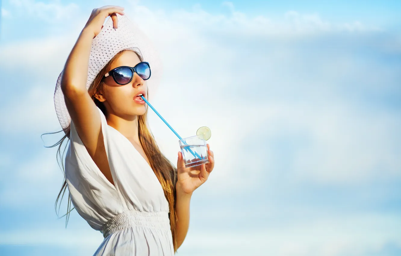 Photo wallpaper girl, dress, hat, tube, sunglasses