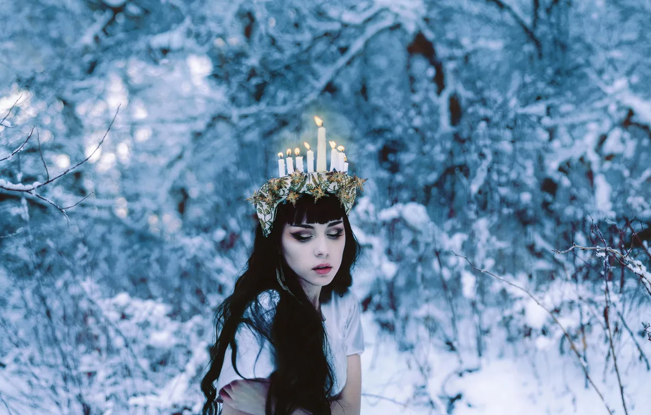 Photo wallpaper winter, background, girl.candles