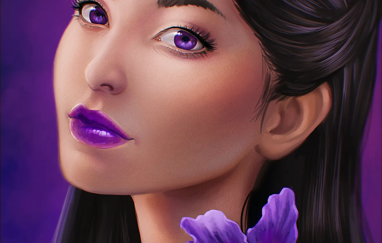 Photo wallpaper purple, eyes, look, girl, flowers, face, art, violet