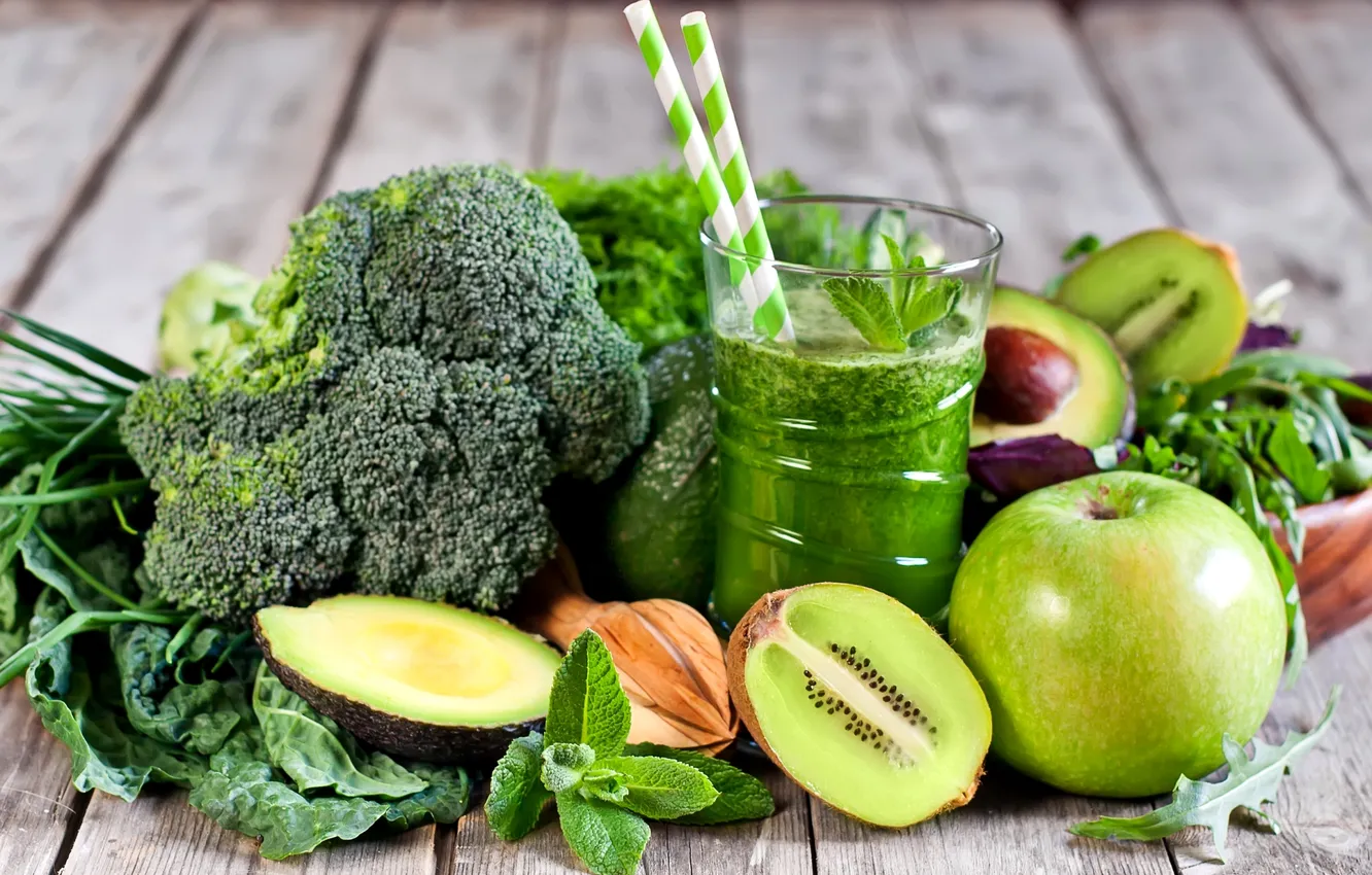 Photo wallpaper green, Apple, kiwi, juice, vegetables, mint, avocado, broccoli
