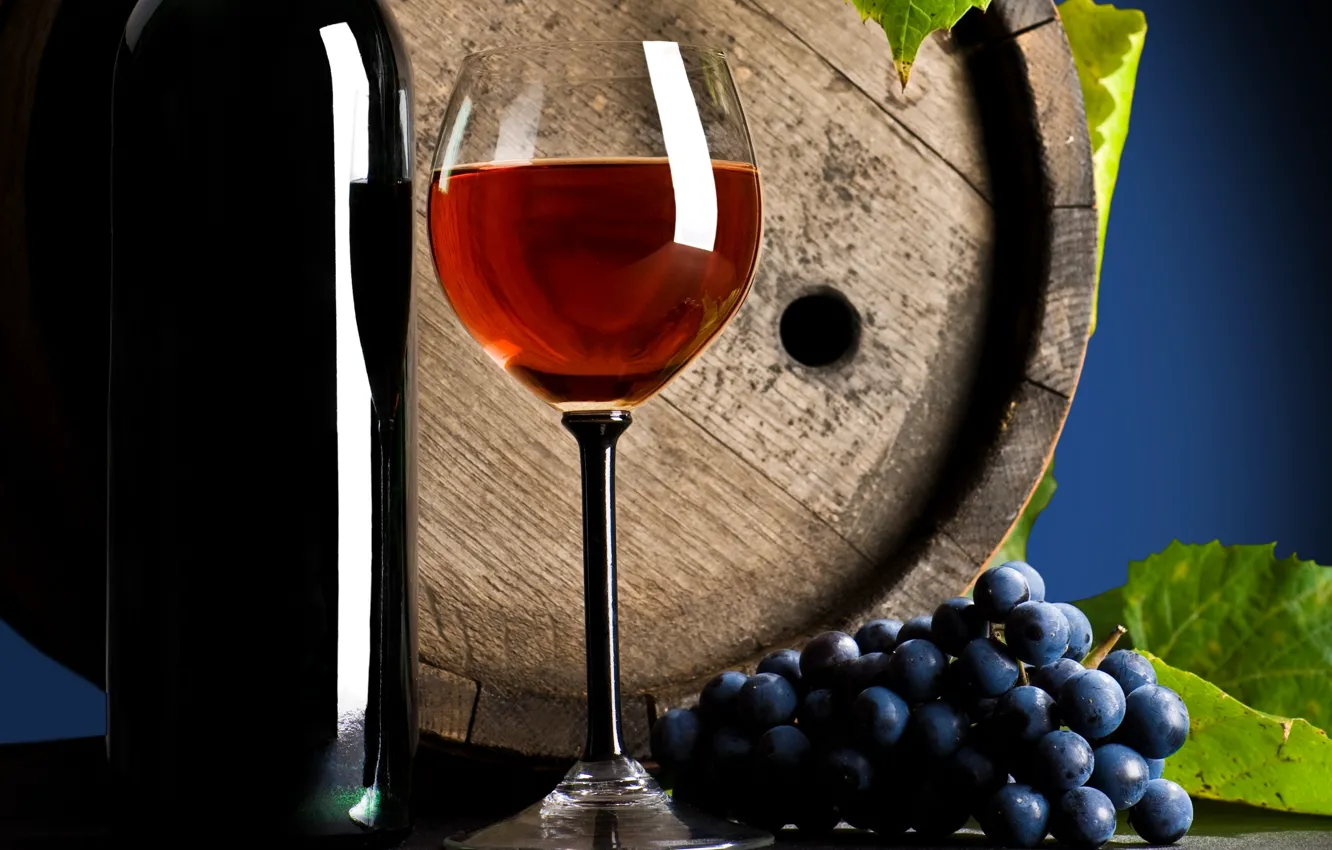 Photo wallpaper table, wine, red, glass, bottle, grapes, drink, leaves