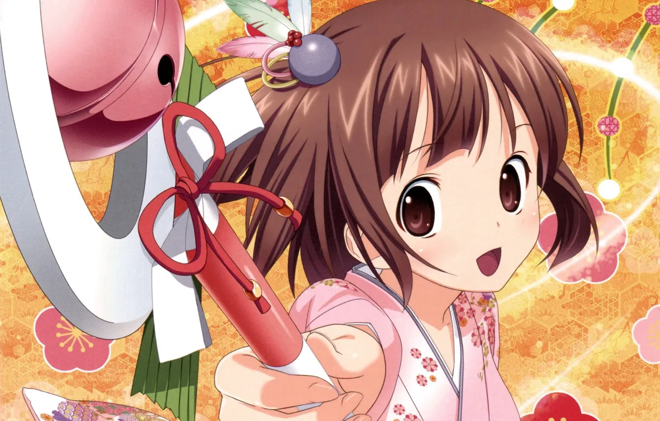 Photo wallpaper girl, kimono, rod, bangs, big eyes, bell, by Koutaro