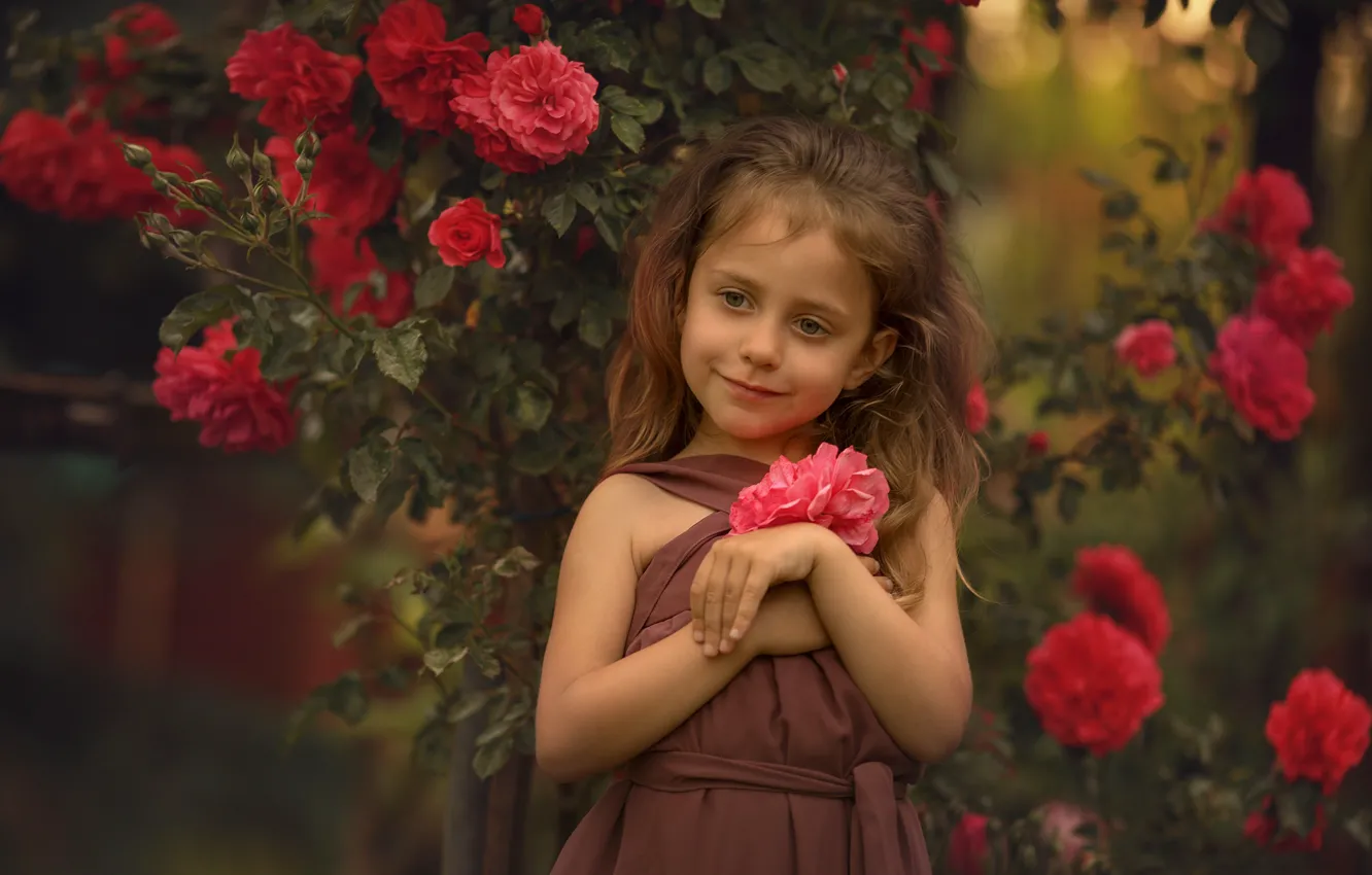 Photo wallpaper summer, flowers, nature, Bush, roses, girl, child, Chudak Irena