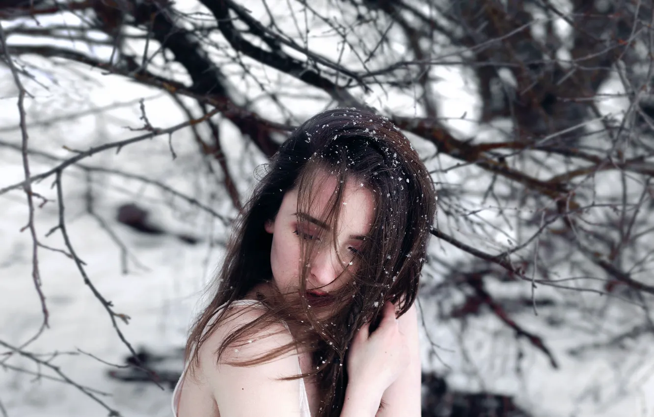 Photo wallpaper cold, winter, girl, snow