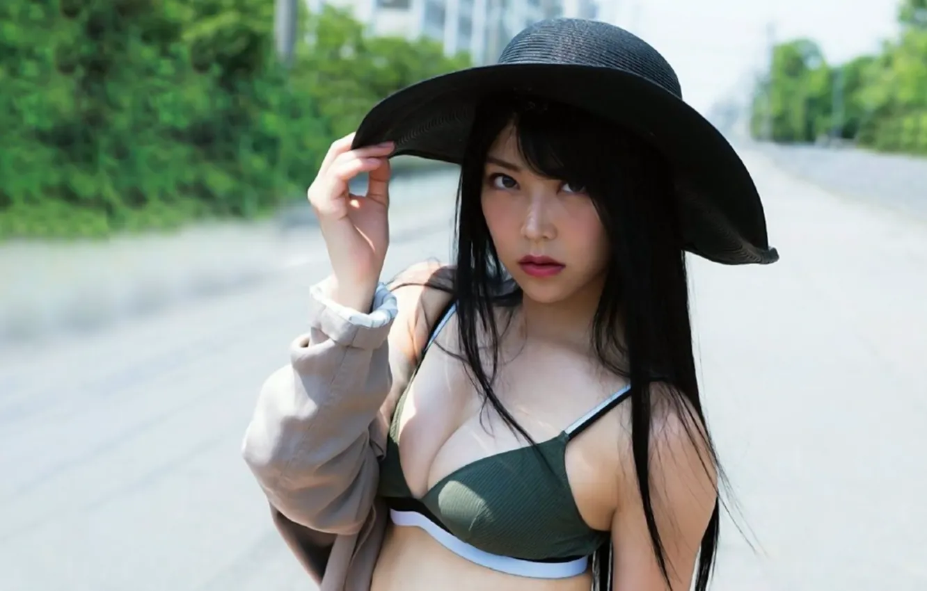 Photo wallpaper girl, sexy, cleavage, long hair, hat, boobs, beautiful, pretty