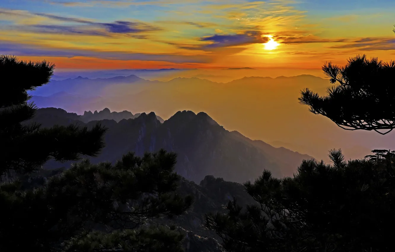 Photo wallpaper the sun, clouds, sunset, China, Anhui, Huangshan mountain